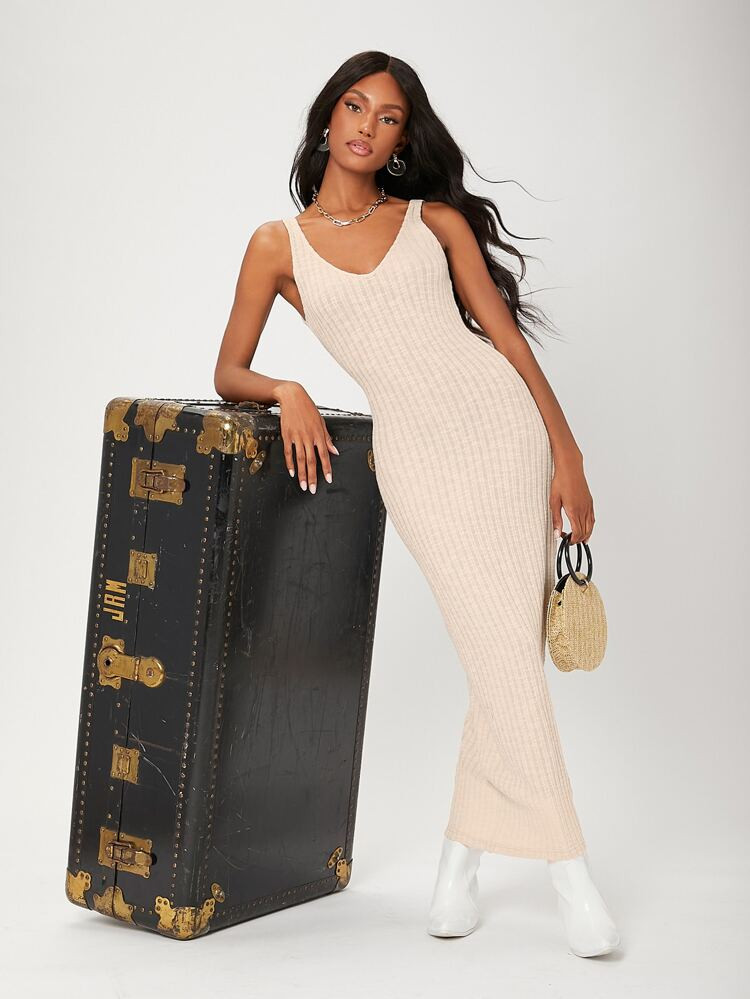 SHEIN Solid Ribbed Knit Bodycon Dress | SHEIN