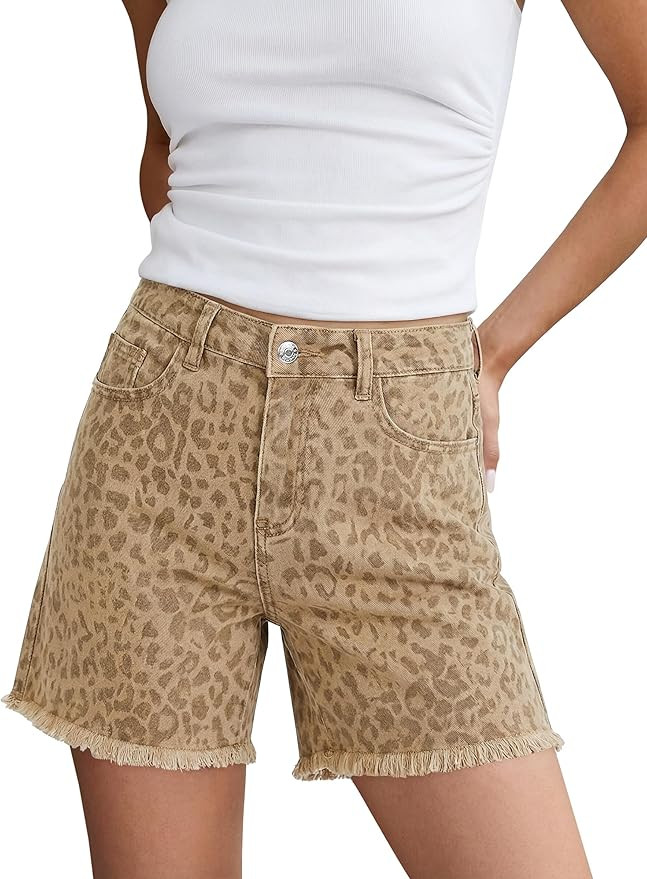 luvamia Jean Shorts for Women Trendy High Rise Mid Thigh Cheetah Leopard Print Raw Hem Stretch De... | Amazon (US)