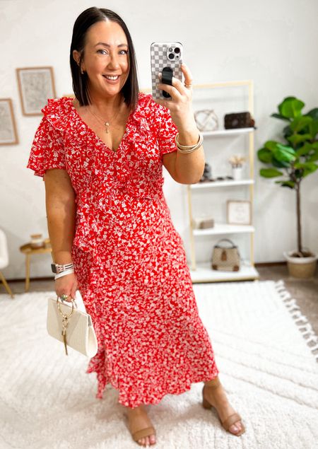 New ruffle sleeve dress at Target!  Also comes in black!  Love this red floral pattern for spring and summer. Neckline is on the lower side.  So I would suggest using a micro stitch gun to help with that. Wearing an xl in line. XL tummy control shorts underneath  

#LTKSeasonal #LTKmidsize #LTKfindsunder50