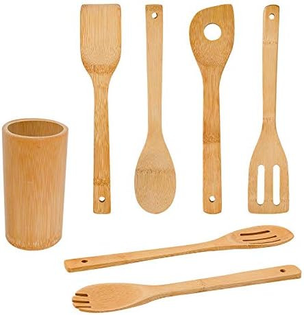 Bamboo Wooden Spoons & Spatulas Set - 6 Pieces Kitchen Cooking Utensils and 1 Holder, Heat Resist... | Amazon (US)