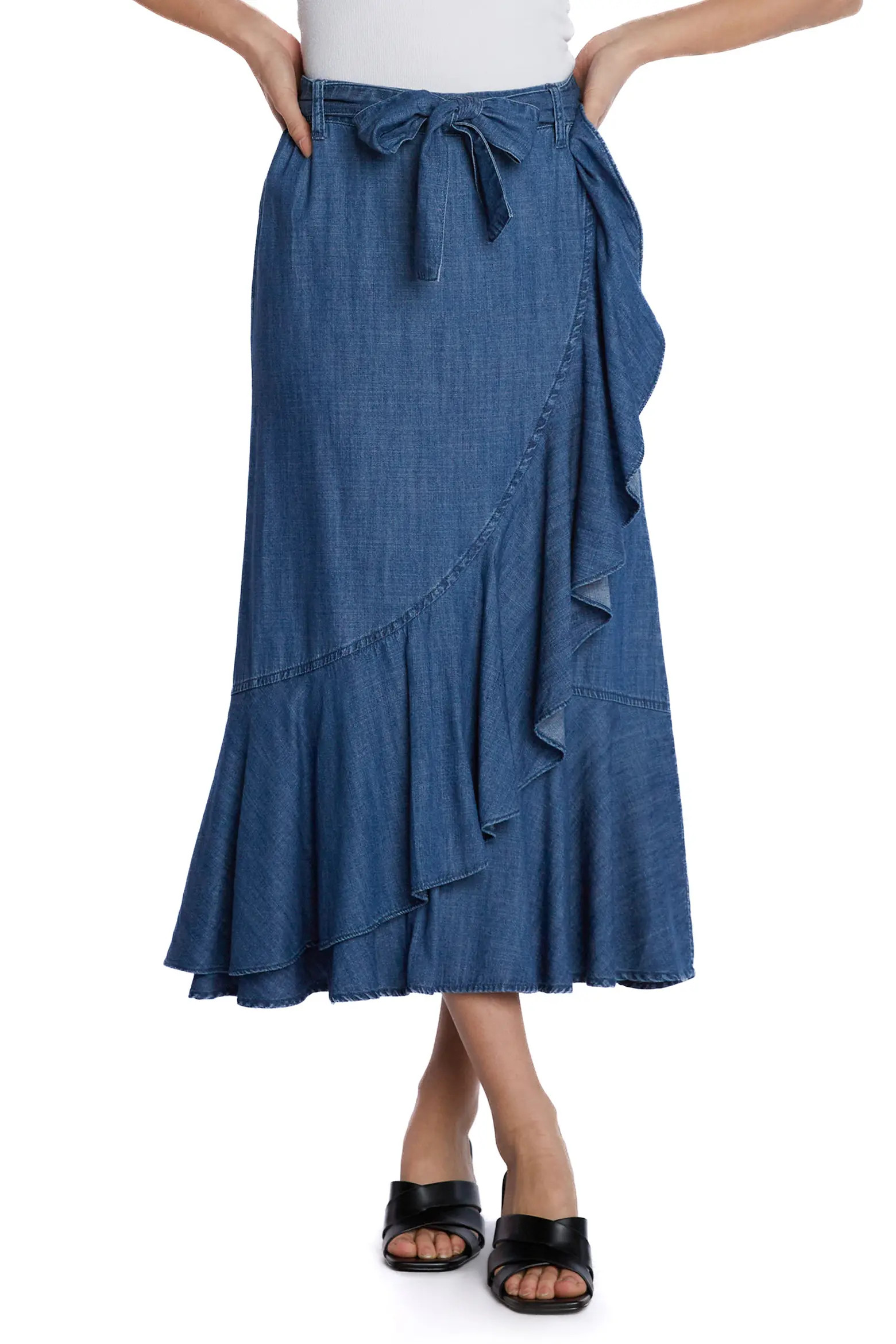 Ruffle Faux Wrap Denim Midi Skirt (Women) | Nordstrom | Nordstrom