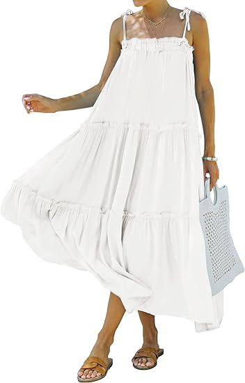 BTFBM Women 2024 Summer Maxi Dresses Sleeveless Spaghetti Strap Casual Sundress Tiered Ruffle Boh... | Amazon (US)