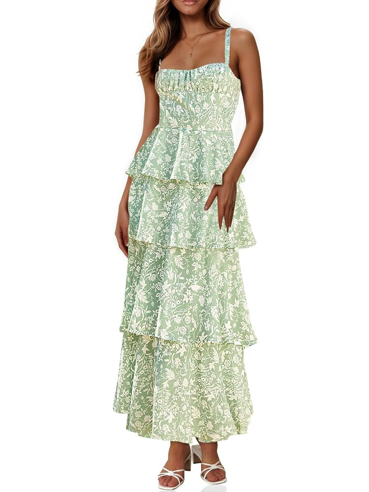 Wenrine Womens Summer Floral Maxi Dresses Sleeveless Spaghetti Strap Tie Back Ruffle Tiered Flowy... | Amazon (US)