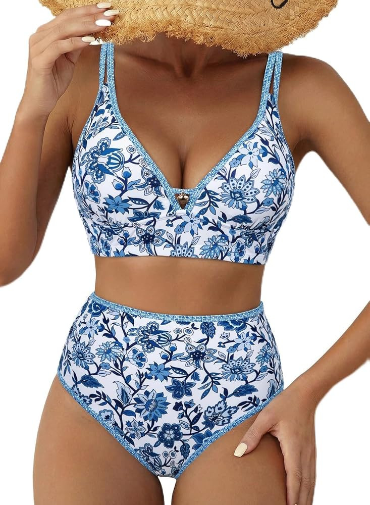 Herseas Women's 2 Piece Floral Print Bikini Sets V Neck Stitch Swimsuits High Waisted Bathing Sui... | Amazon (US)