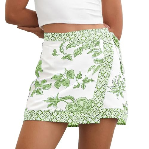 Talakeno Womens Floral Wrap Mini Skirt Summer Beach Short Skirt Casual Knot Side High Waist A Line Vacation Outfits Skirts(Green,L) | Amazon (US)