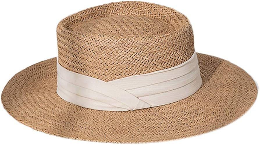 Vxkbiixxcs-o Sun Hat, Summer Woven Straw Sun Hat Flat Wide Brim Ribbon Boho Panama Boater Beach C... | Amazon (US)