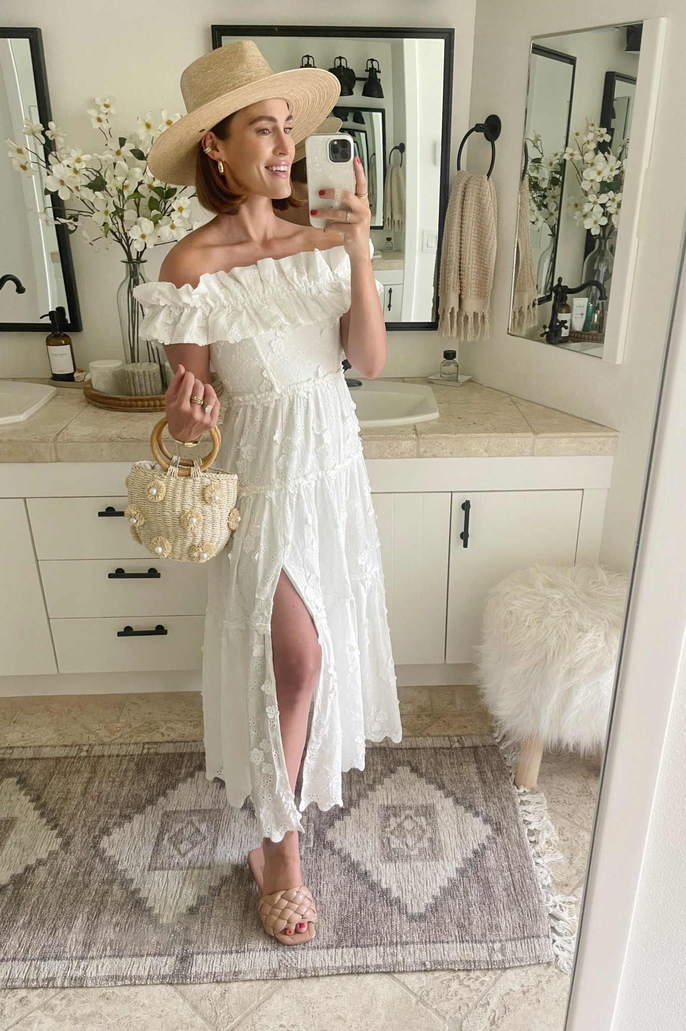 White off the shoulder dress (s) paired with straw hat and bag ☀️

Spring break
Vacation outfit
Resort 

#LTKSeasonal