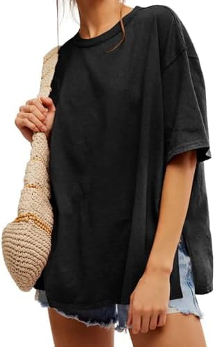 Tankaneo Womens Oversized Tshirts Summer Casual Short Sleeve Crew Neck T Shirt Loose Fit Side Sli... | Amazon (US)