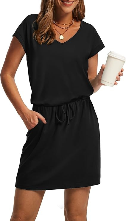 OFEEFAN Summer Dresses for Women 2026 V Neck T Shirt Casual Mini Dresses Tie Waist Sundresses wit... | Amazon (US)