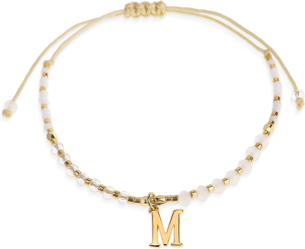 Agriajun White Gold Beaded Natural Stone Initial Bracelets for Women Teen Girls, Boho Handmade Pe... | Amazon (US)