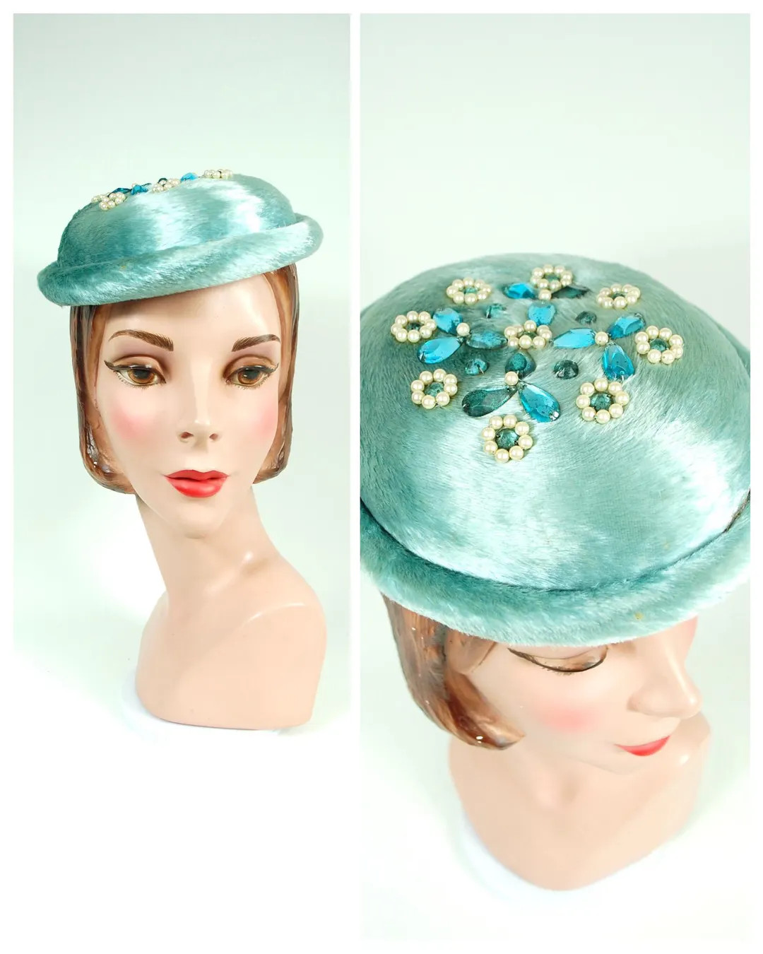 1960s Fur Felt Pillbox Hat in Icy Blue Cocktail Hat With Rhinestones - Etsy | Etsy (US)