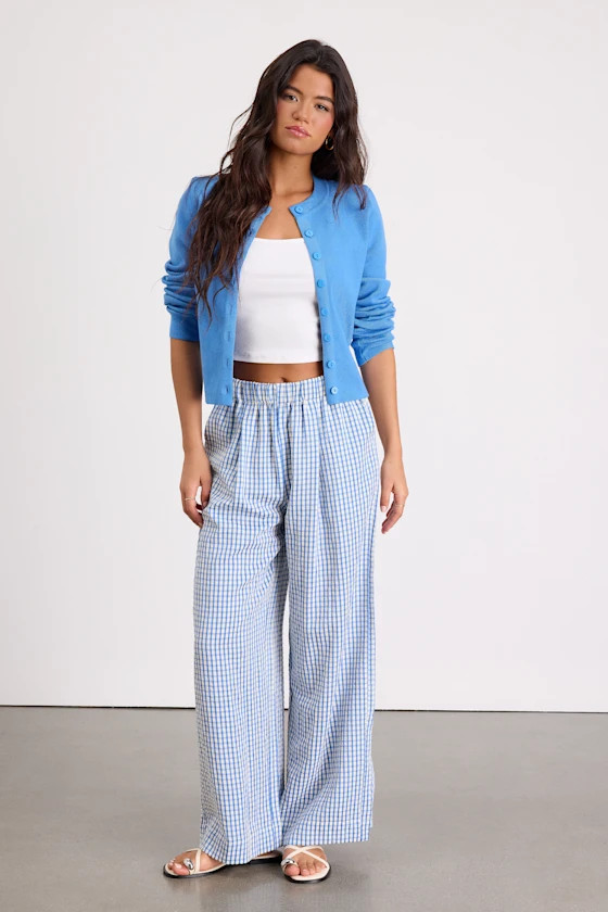 Tilly Blue Gingham Mid-Rise Wide-Leg Pants | Lulus
