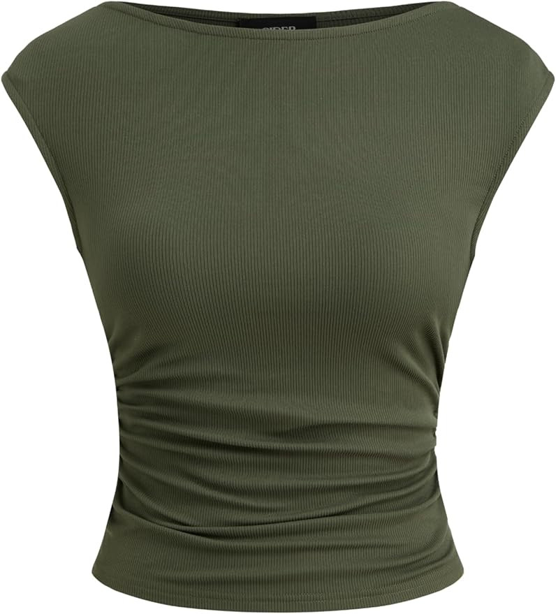 CIDER Boat Neck Tops for Women Sleeveless Ruched Crop Tank Tops Slim Fit Trendy Summer Outfits Ca... | Amazon (US)