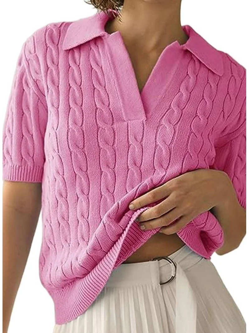 Women'S Cable Short Sleeve Sweaters Tops Solid Lapel V Neck Knit Casual Soft Pullover Shirt Pink ... | Walmart (US)