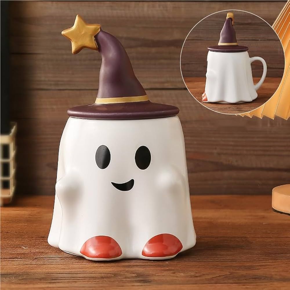 BACTI Halloween Ghost Mug with Lid, Ceramic 17oz Ghost Cups, Cartoon Ghost Mug, Cute Ghost Coffee... | Amazon (US)
