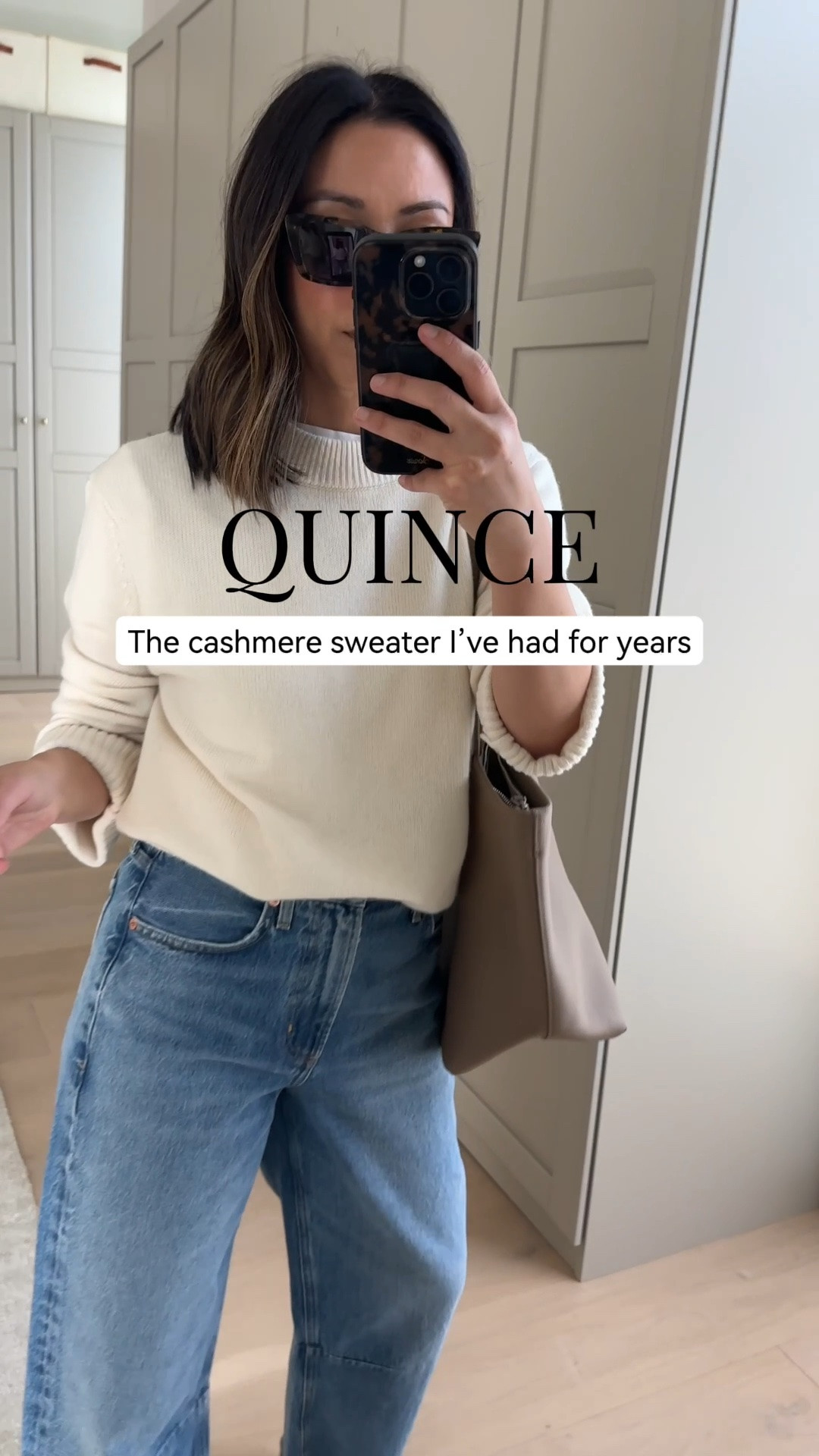 This cream cashmere sweater is one I’ve had for years, and the taupe Penelope tote is such a great everyday size. The sweater runs oversized, I’m in an xs. @Quince #quincepartner

#LTKPetite