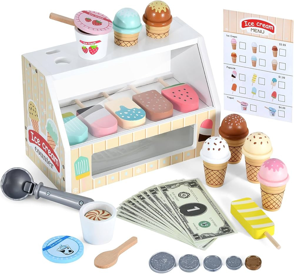 WHOHOLL Ice Cream Counter Playset for Toddler Girl Toys, 45 Pcs Wooden Popsicle Set Pretend Toy F... | Amazon (US)