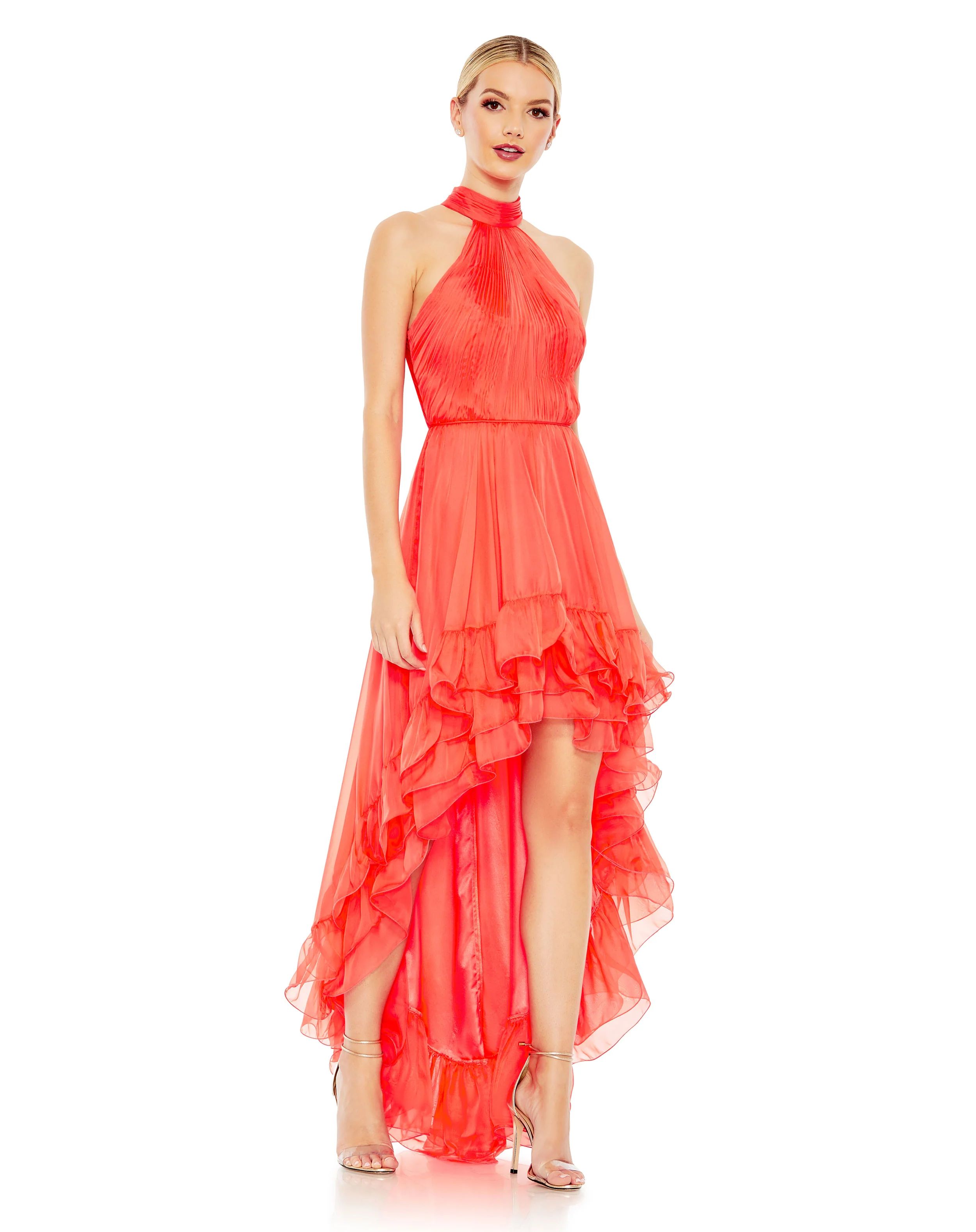 Ruffle Tiered High Low Pleated Halter Neck Gown | Mac Duggal