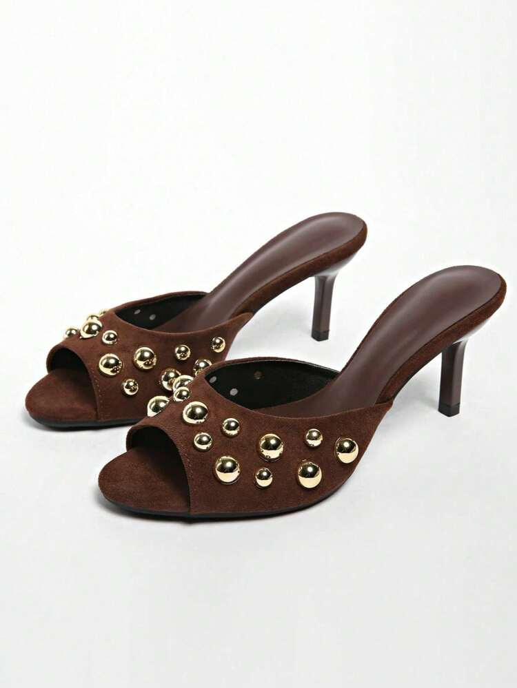 Black Rivet Decor High Heel Sandals For Women, New 2025 Collection Chic Versatile Stiletto Mules | SHEIN