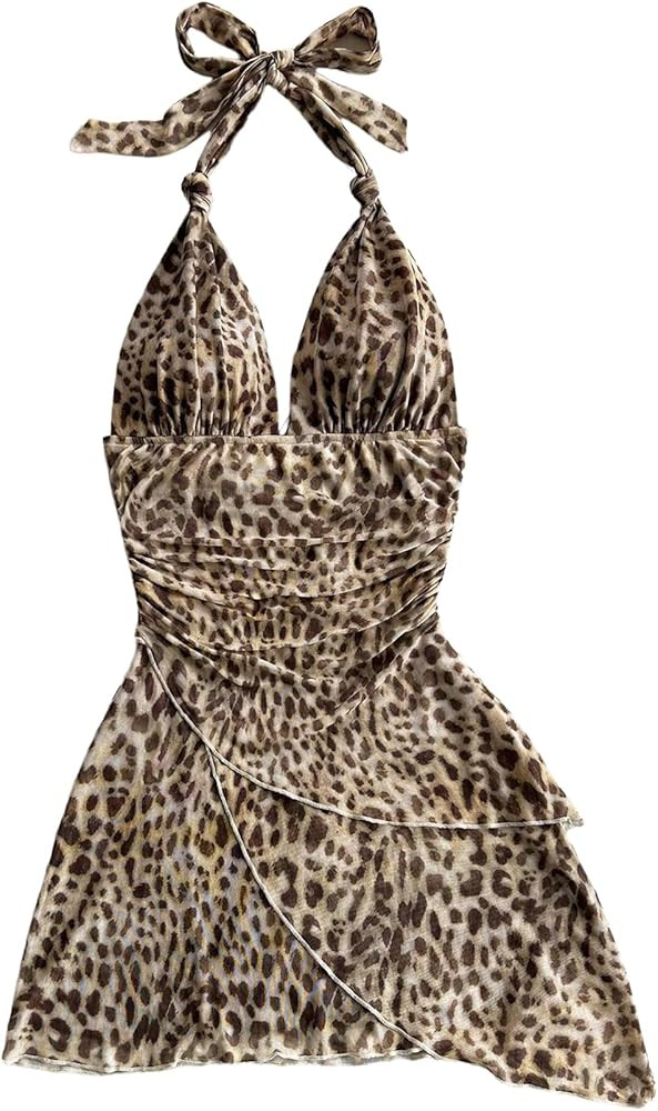 Floerns Women's Plus Size Cheetah Print Halter Dress Sleeveless Asymmetrical Hem Y2k Dress | Amazon (US)