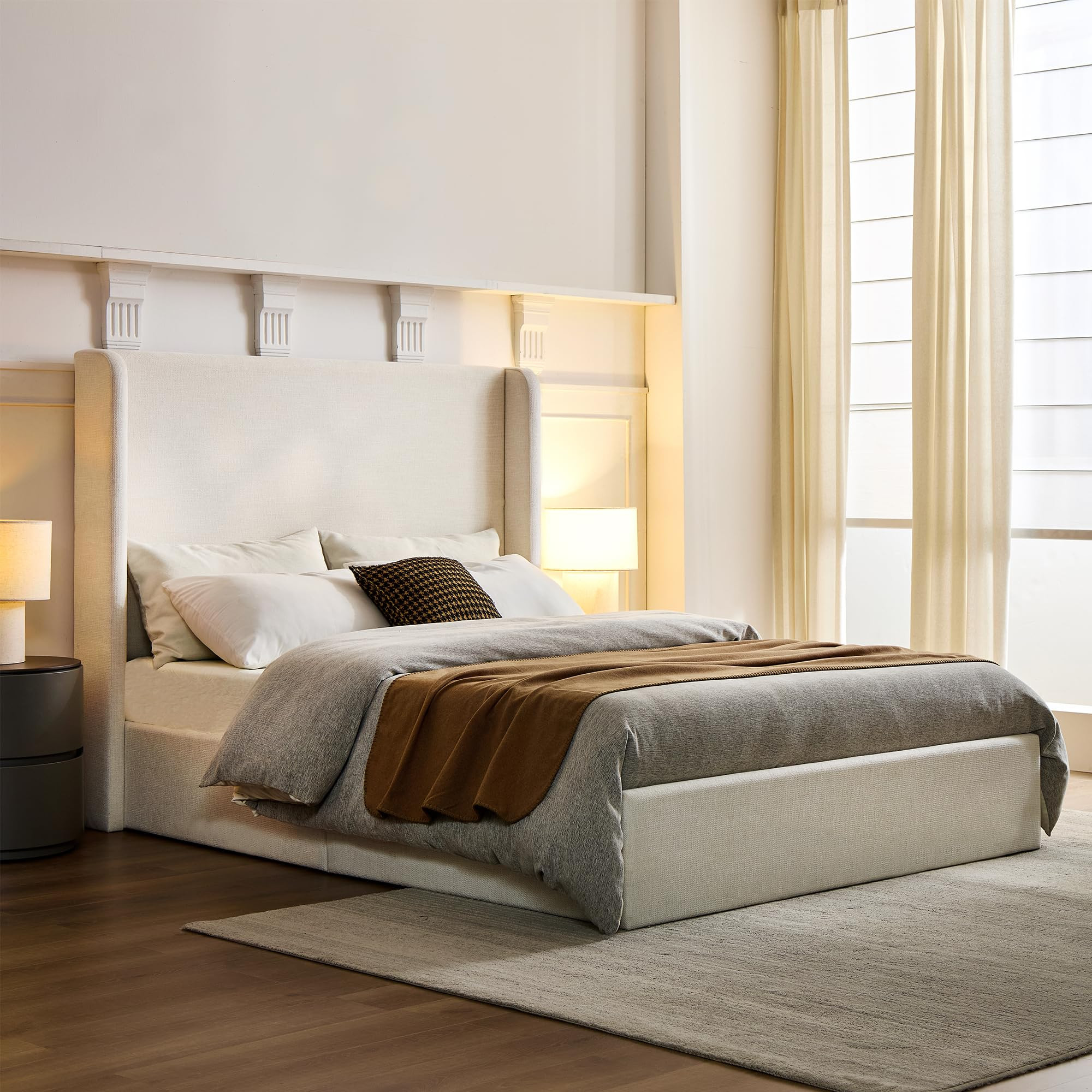 Queen Size Upholstered Platform Bed Frame, 54" High Headboard Carmen Wingback Bed, Fully Upholste... | Amazon (US)