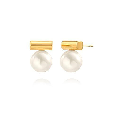 10mm Shell Pearl Drop Earrings, 18k Gold Plated Bar Stud Earrings, Dainty Wedding Jewelry | Amazon (US)