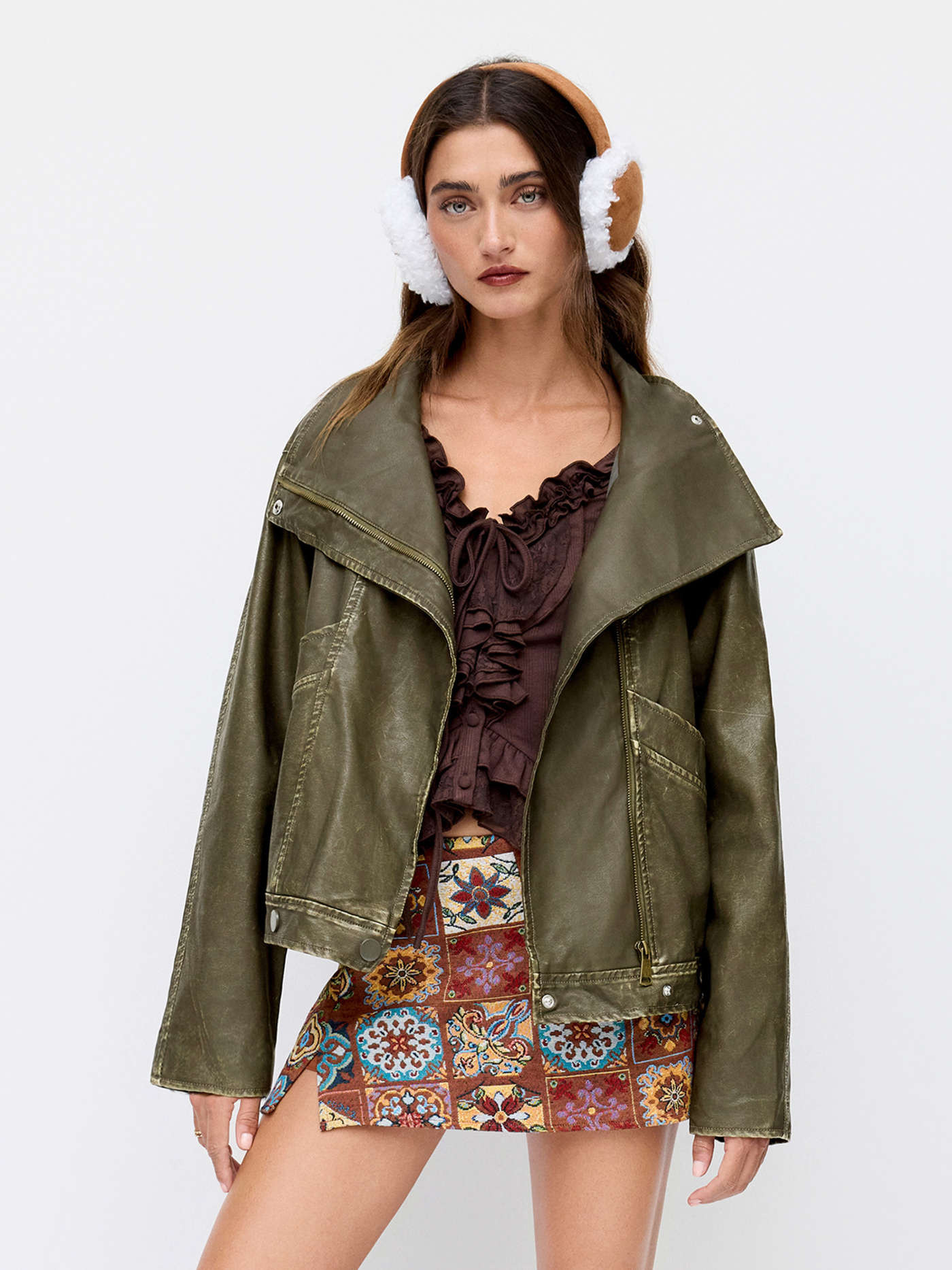 Faux Leather Faux Leather Collar Zip Through Oversized Jacket For Daily Casual | Cider