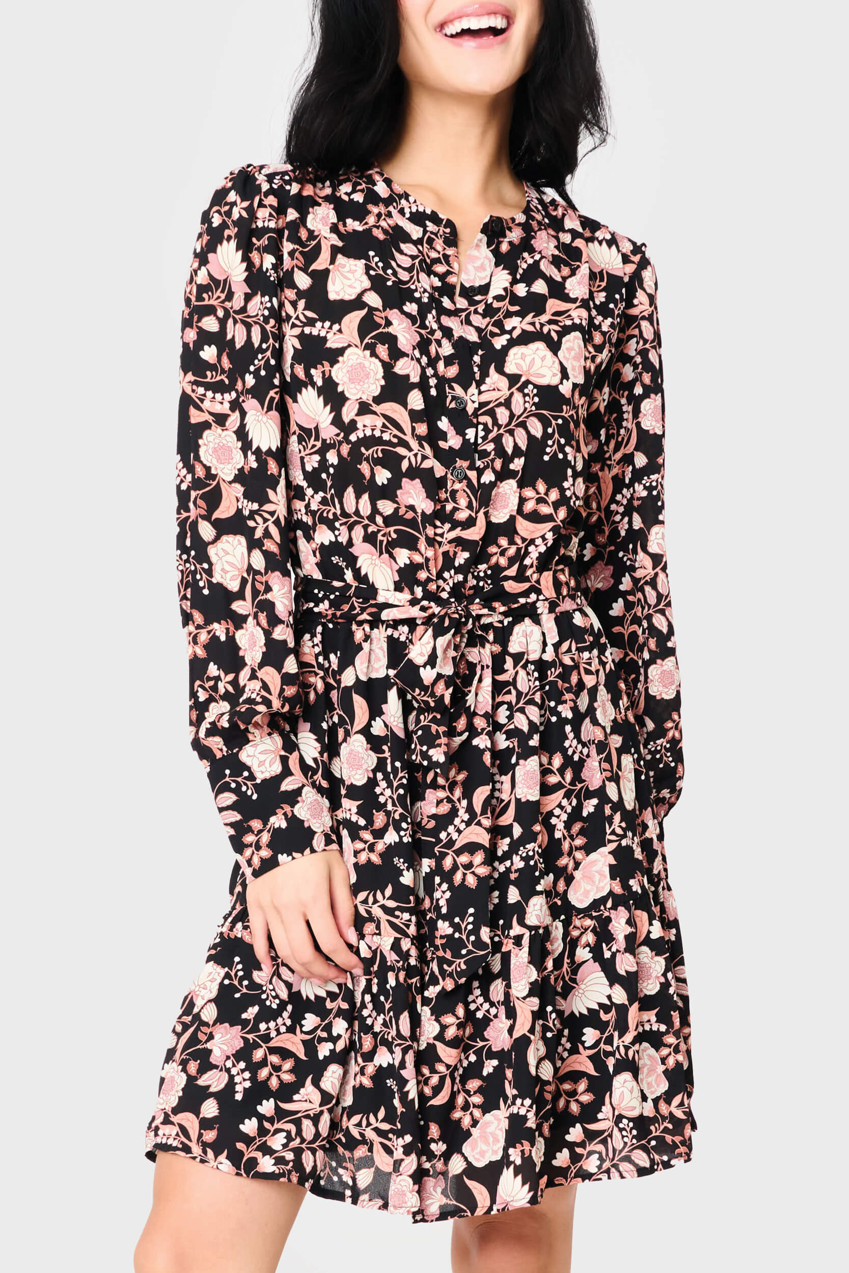 Blouson Long Sleeve Button Front Belted Dress | Gibson