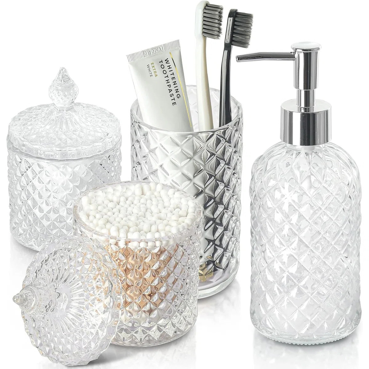 Bathroom Accessories Set, 4 Pack Clear Glass Bath Accessory Sets Complete, Diamond Soap Dispenser... | Wayfair North America