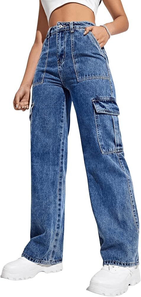SweatyRocks Women's High Waist Cargo Jeans Flap Pocket Wide Leg Denim Pants | Amazon (US)