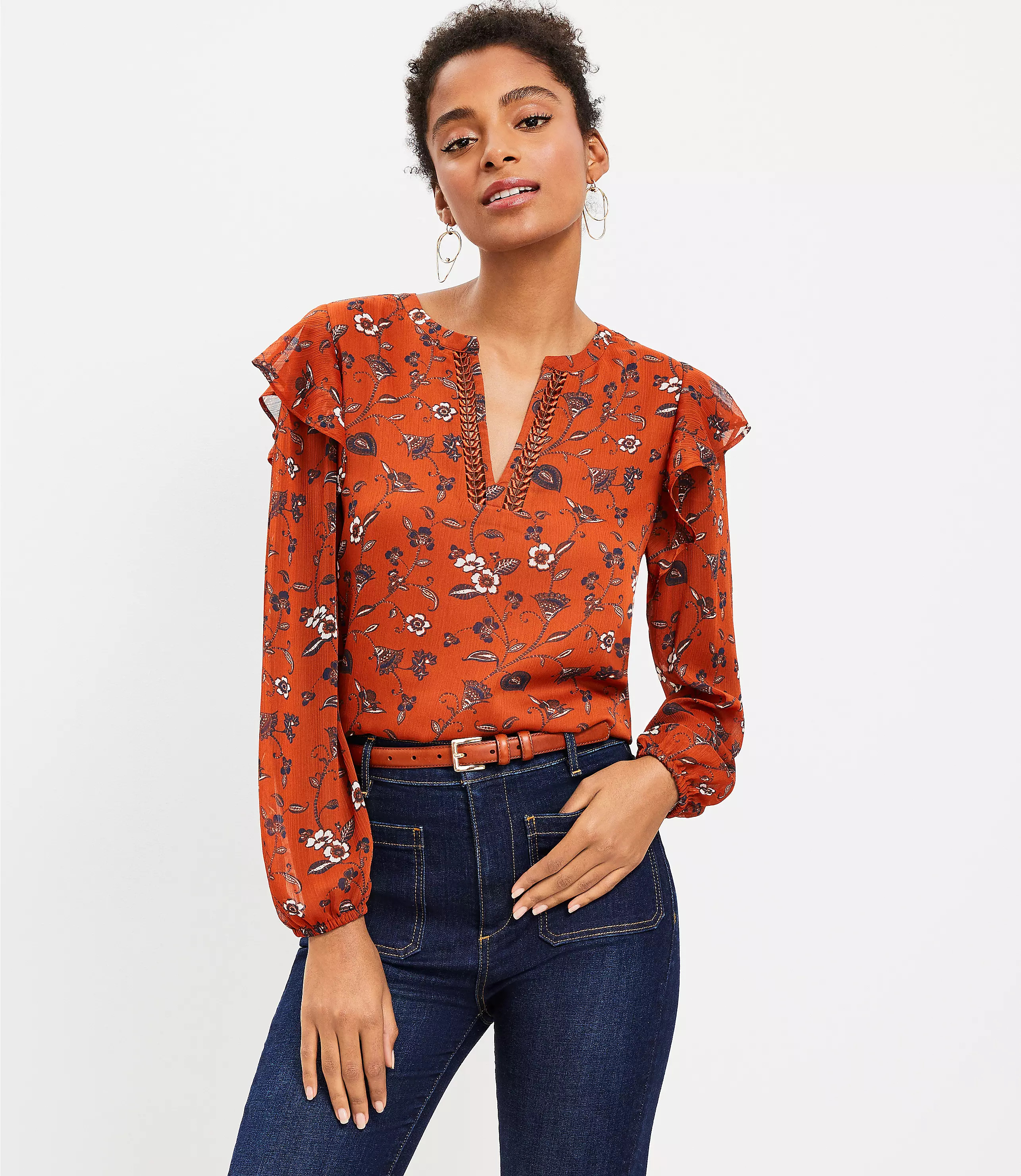 Floral Ruffle Split Neck Blouse | LOFT