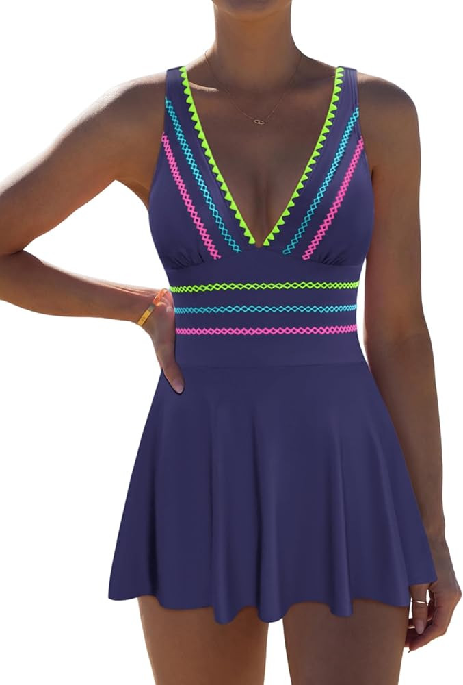 popvil Women's One Piece Swimsuit Swimdress Tummy Control Bathing Suit Adjustable Shell Trim Deep... | Amazon (US)