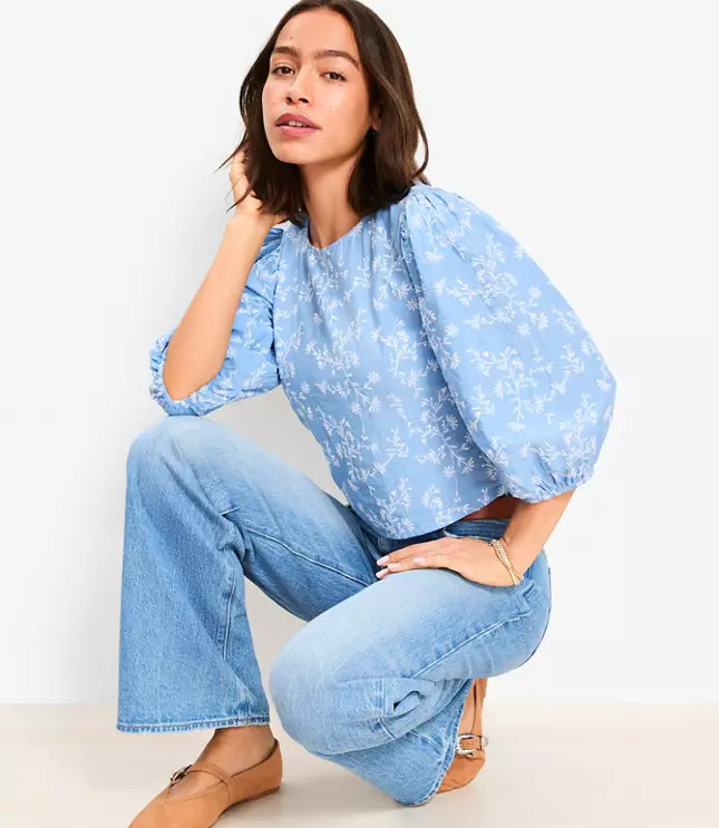 Floral Embroidered Elbow Sleeve Blouse | LOFT