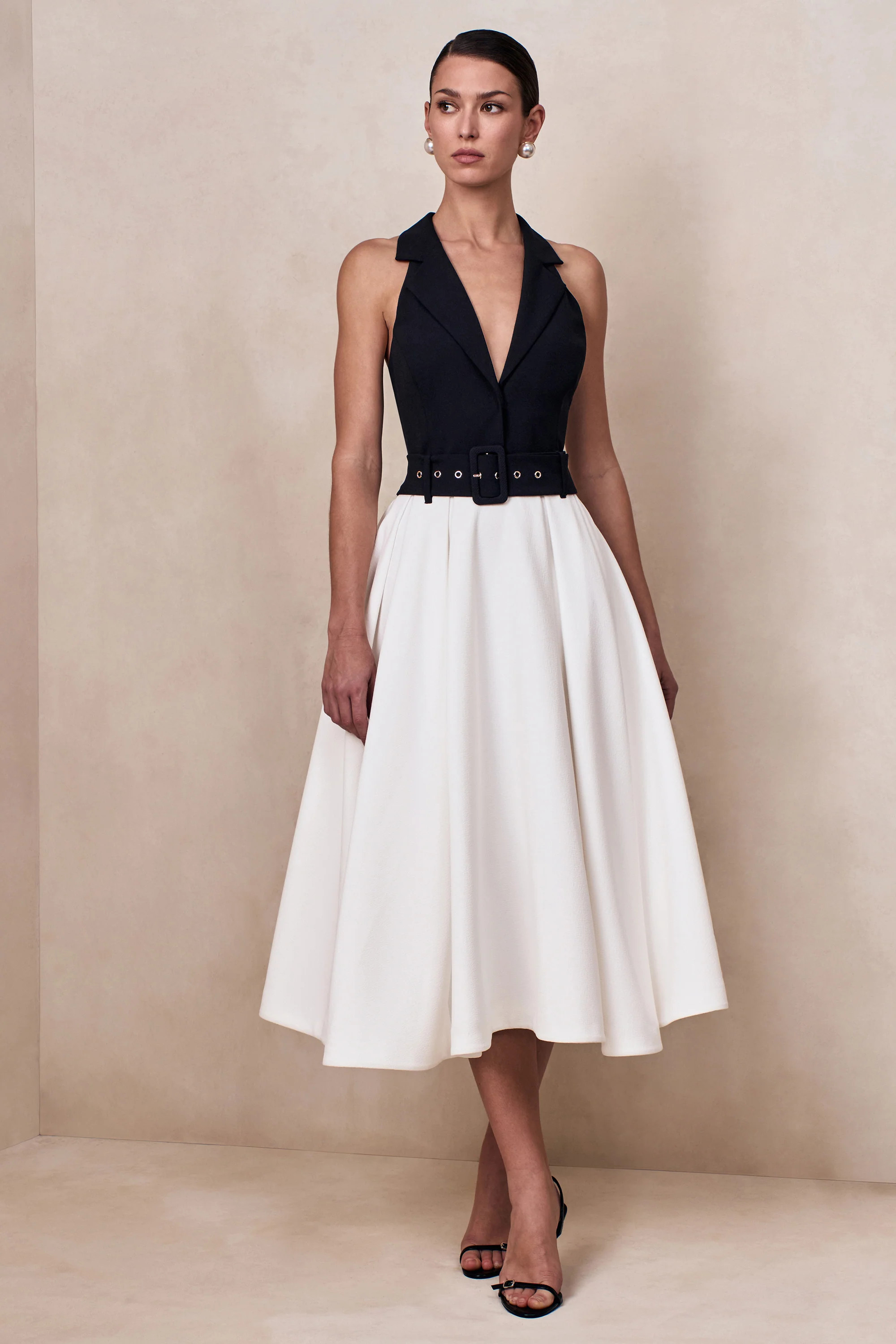 Alessa | Black & White Plunge-Neck Tailored Midi Dress | Club L London