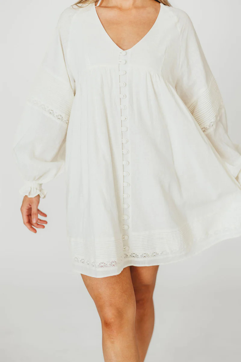 Kenzie Linen Pintuck and Button Detail Mini Dress in Off-White | Worth Collective