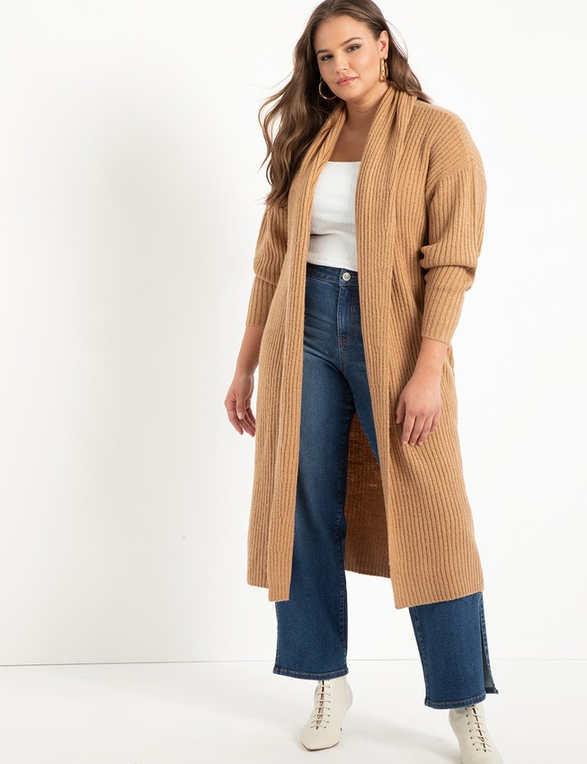 Long Rib Cardigan - Caramel | Eloquii
