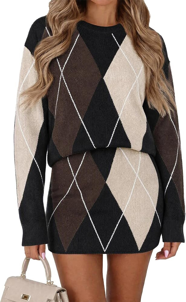 Tankaneo Womens Plaid 2 Piece Skirt Sets Color Block Knit Sweater Sets | Amazon (US)