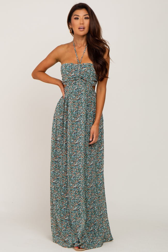 Forest Green Floral Chiffon Side Cutout Halter Maxi Dress | PinkBlush Maternity
