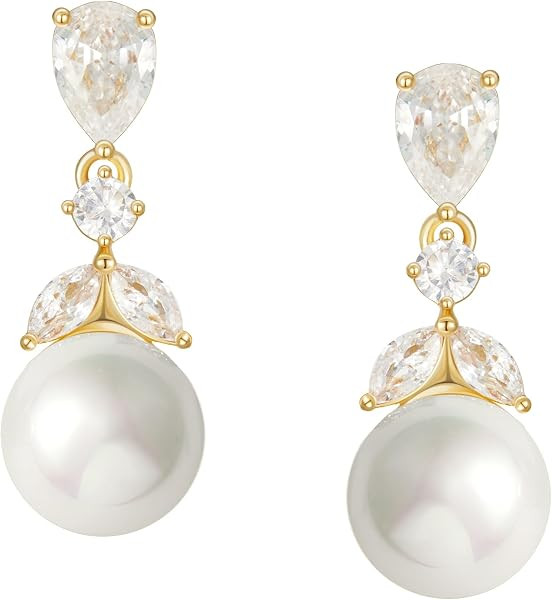 SWEETV Cubic Zirconia Pearl Drop Wedding Earrings for Brides, Ivory Bridal Pearl Earrings for Bridesmaid Jewelry Gift | Amazon (US)