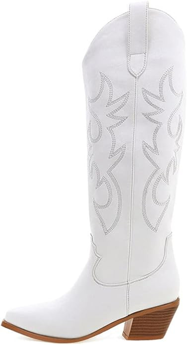 Erocalli Cowboy Boots for Women Embroidered Pull-On Chunky Stacked Heel Cowgirl Knee High Western... | Amazon (US)