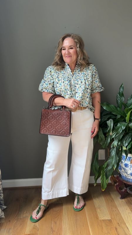 White jeans in the fan favorite Colette pants. These are a size 32 petite. 
Blouse size XL 15% off with code NANETTE15
Gorgeous embossed leather tote. 
Sandals tts 

White jeans summer outfit spring outfit summer sandals Anthropologie floral blouse eyelet blouse 

#LTKSeasonal #LTKover40 #LTKmidsize