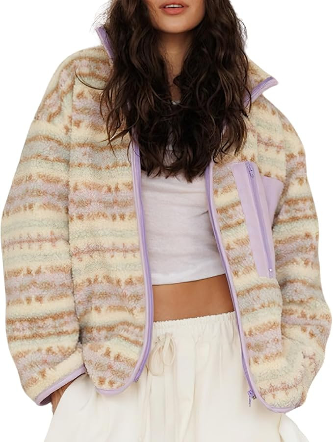chouyatou Women Warm Fall Winter Floral Fleece Sherpa Jacket Stand Collar Tribal Aztec Zip Up Fau... | Amazon (US)