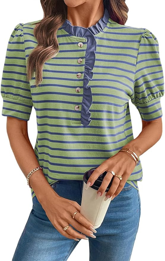 BLENCOT Summer T Shirt for Women Casual Puff Sleeve Button Down Ruffle Collar Striped Knit Blouse... | Amazon (US)