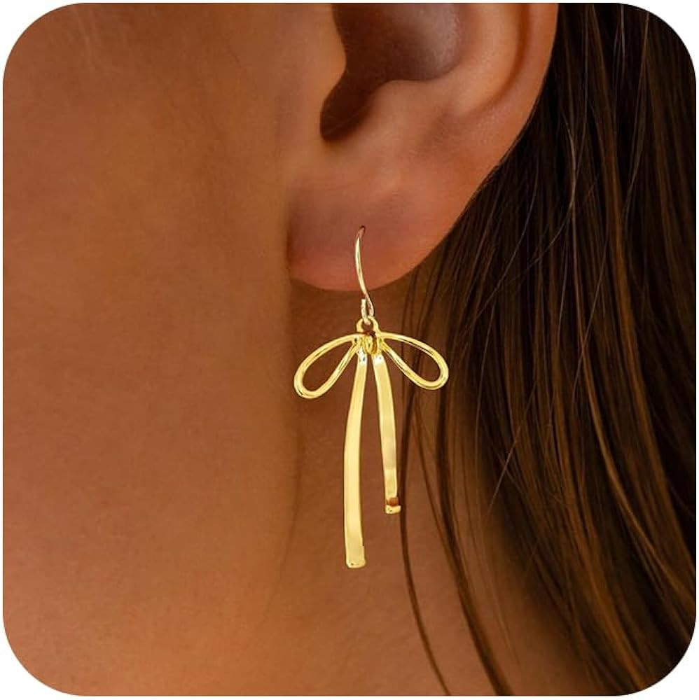 Gold Bow Earrings for Women Trendy, Cute Bow Stud Earring 14k Gold Plated Dainty Ribbon Pearl Bow... | Amazon (US)