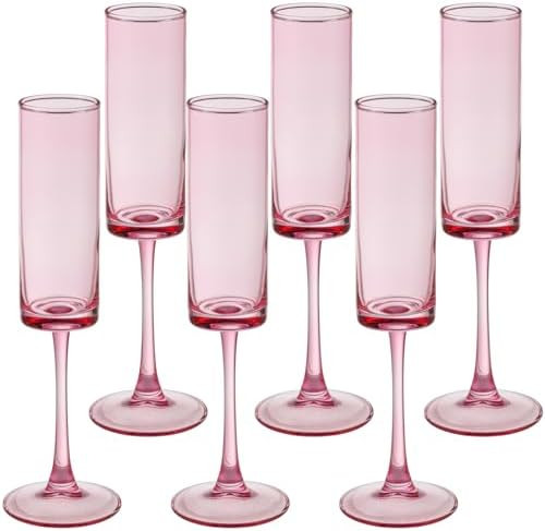 6 Pieces Pink Champagne Flutes 6 OZ Straight Sided Wine Glasses Champagne Long Stem Drinking Colo... | Amazon (US)