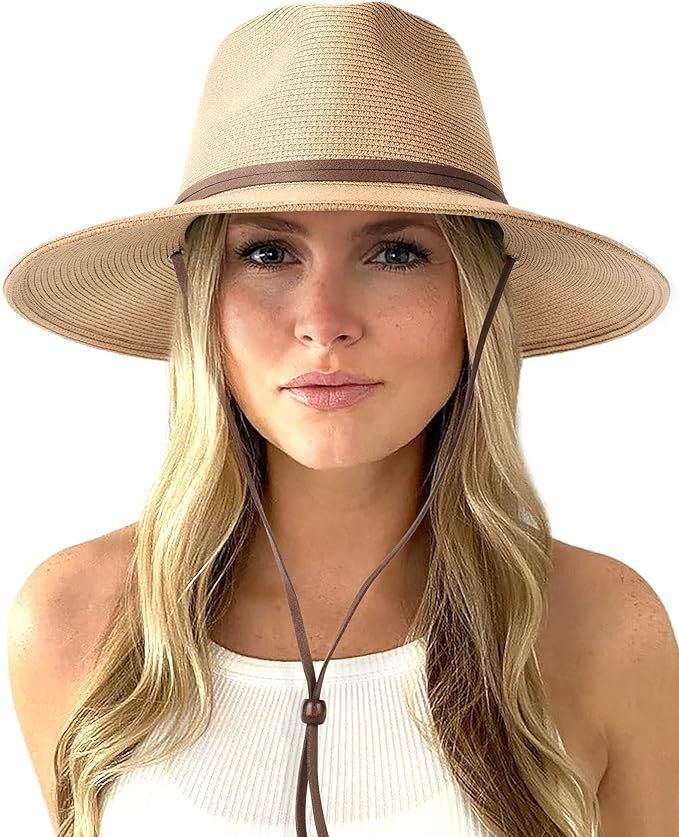 FURTALK Womens Summer Straw Sun Hats Wide Brim Panama Fedora Beach Hat with Wind Lanyard UPF 50+ | Amazon (US)