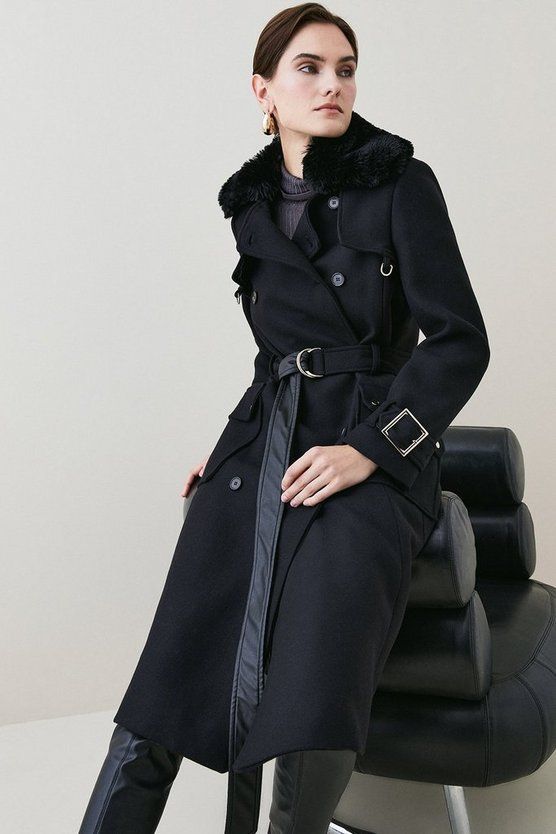 Italian Virgin Wool Fur Collar Trench Coat | Karen Millen US