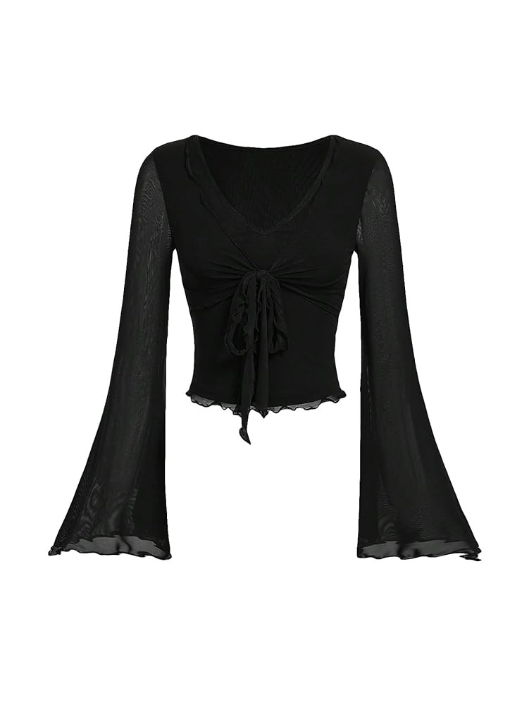 Verdusa Women's Knot Front Flare Bell Long Sleeve Lettuce Trim V Neck Mesh Crop Tee Top | Amazon (US)