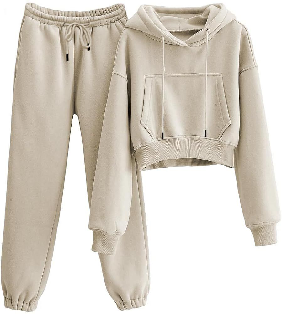 TIQOJE Womens Fleece 2 Piece Outfits Hooded Pullover Sweatshirt Crop Top Joggers Pants Tracksuits Se | Amazon (US)
