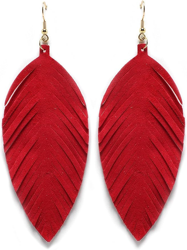 Large Genuine Soft Leather Handmade Fringe Feather Lightweight Tear Drop Dangle Color Earrings fo... | Amazon (US)